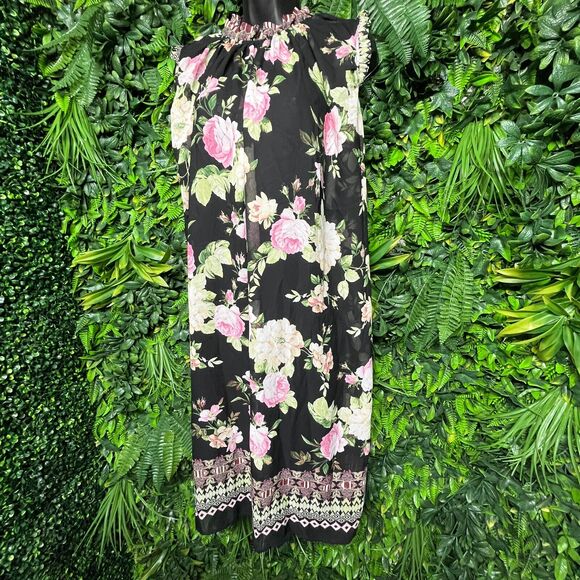 Women Dress Medium Black Floral Sleeveless Flared Ups & Downs 1228 - Picture 3 of 11